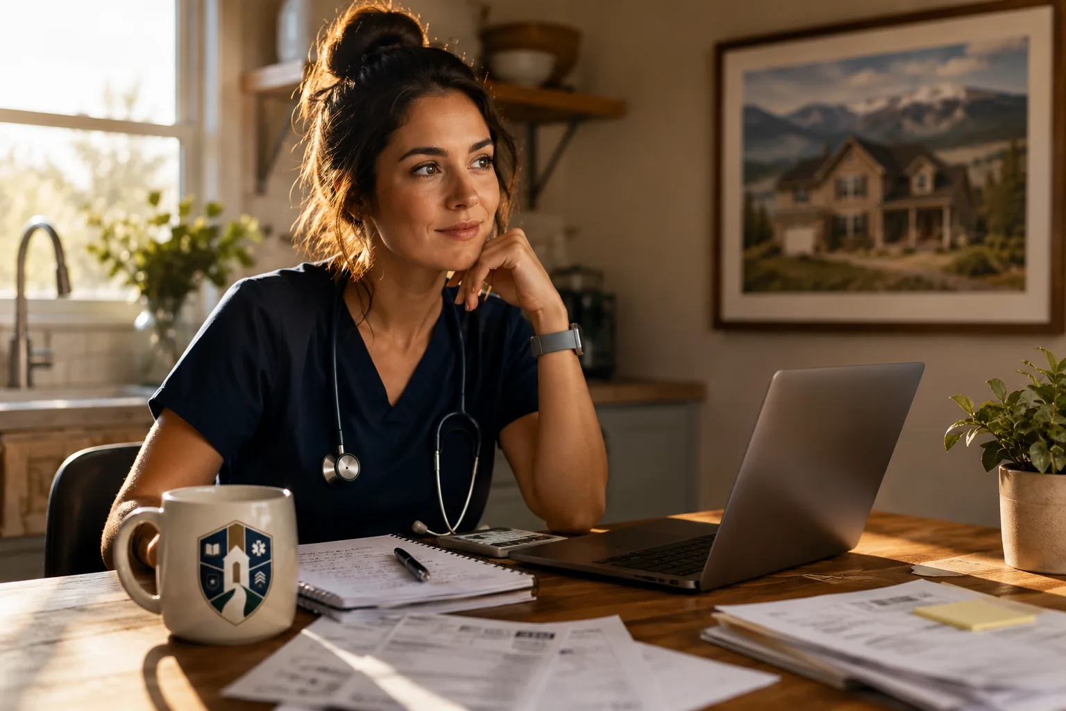 Nurse in navy scrubs reviewing paperwork at her kitchen table with a Hero HomeReach coffee mug and a framed Colorado home photo in the background.