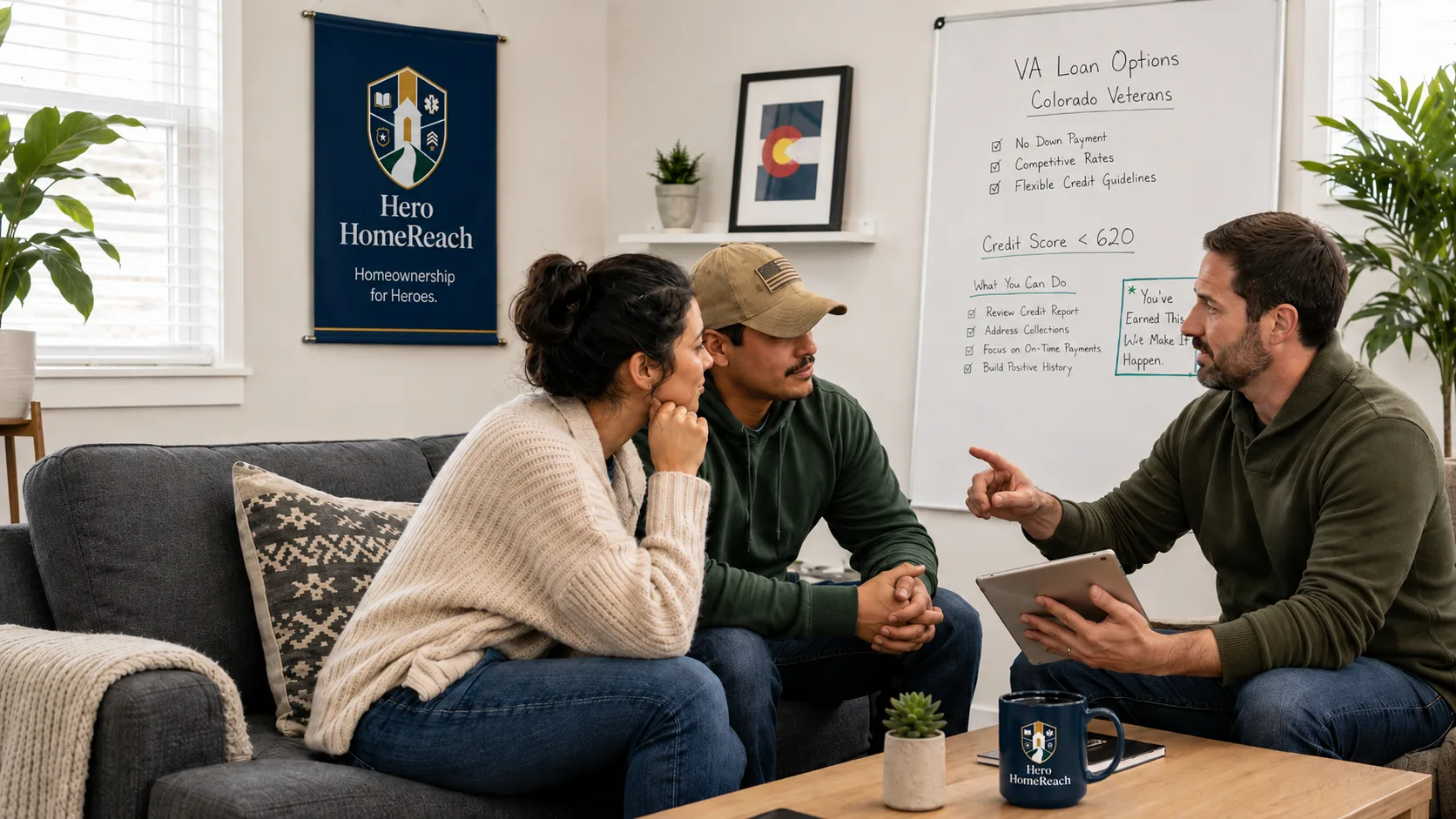 A Colorado veteran couple seated with a Hero HomeReach advisor in front of a whiteboard showing VA loan options and credit score guidance
