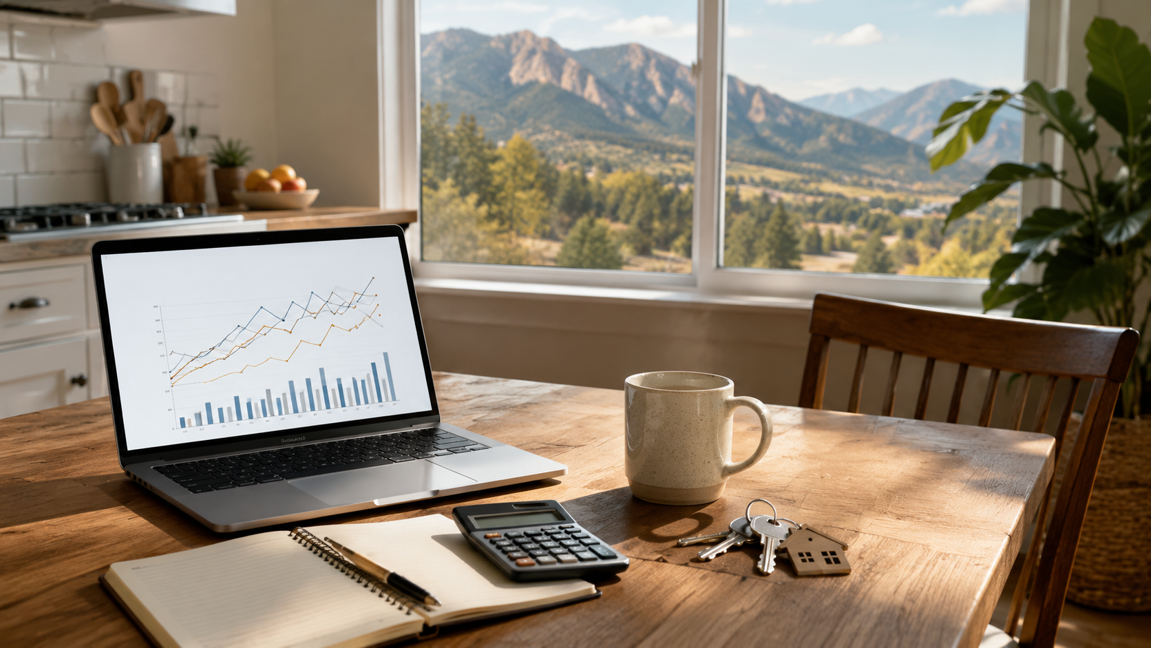 Colorado homebuyer reviewing housing market and mortgage information at a kitchen table