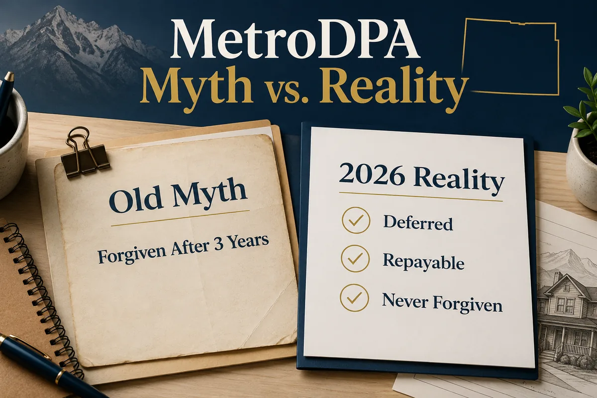 Colorado homebuyer reviewing MetroDPA down payment assistance documents at a kitchen table.