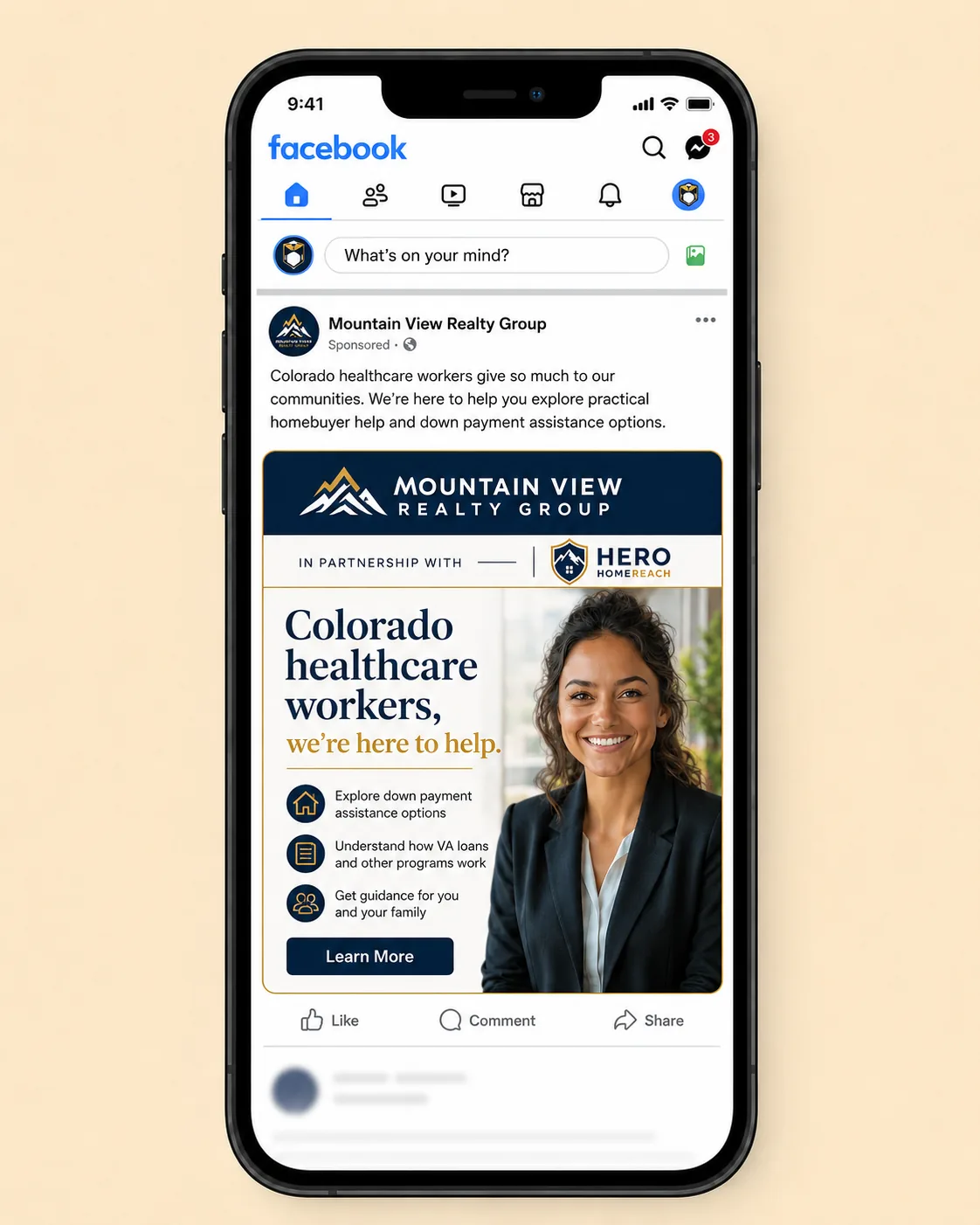 Sample Hero HomeReach healthcare worker campaign preview shown in a mobile Meta ad mockup