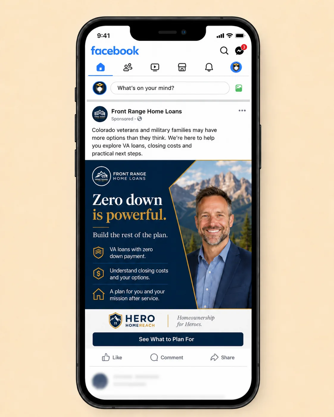 Sample Hero HomeReach veterans and military campaign preview shown in a mobile Meta ad mockup