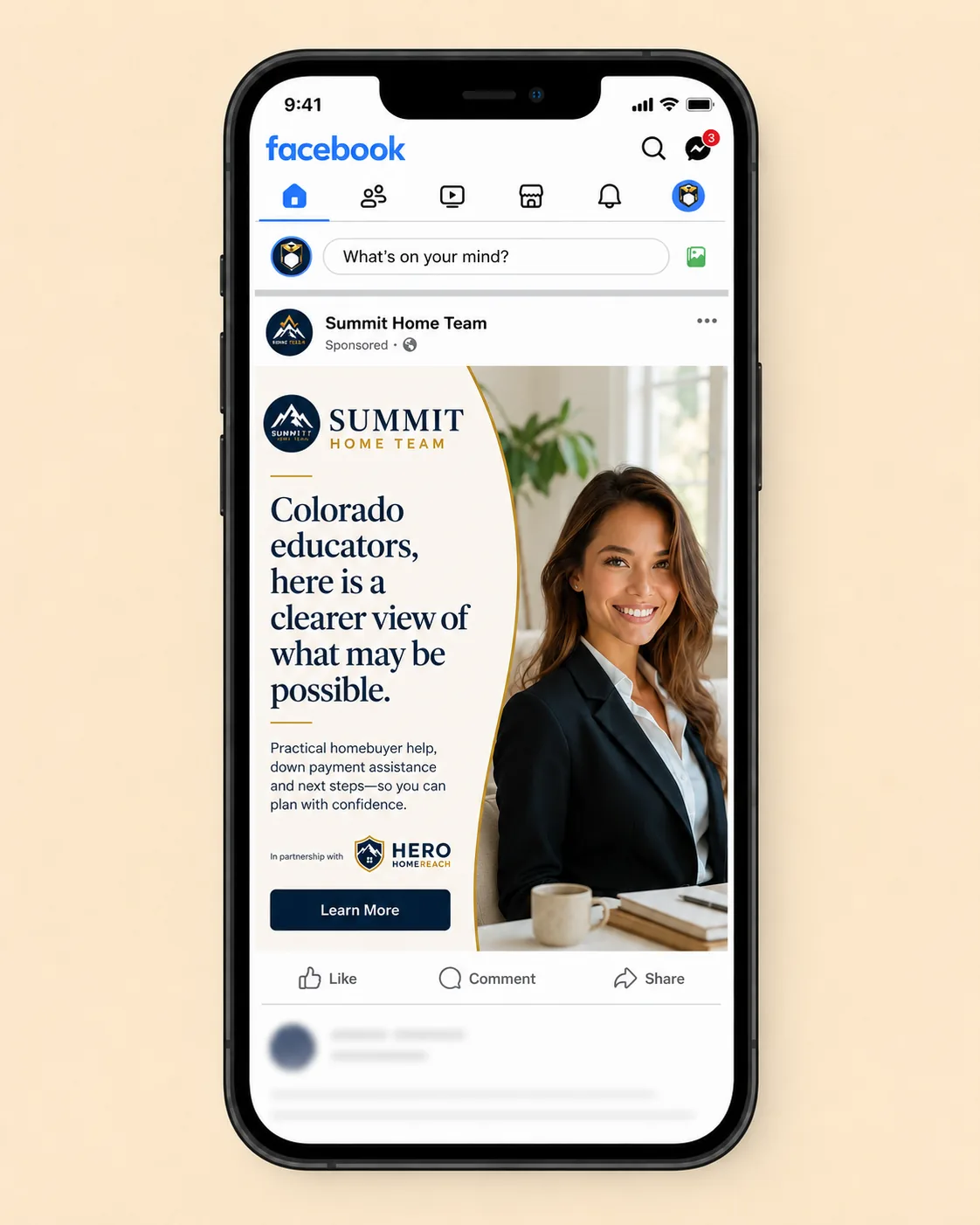 Sample Hero HomeReach educator campaign preview shown in a mobile Meta ad mockup
